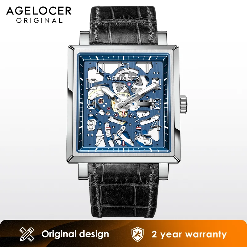 AGELOCER Codex Original Brand Men\'s Square Hollow Luminous Manual Mechanical Watch Birthday Gift for Men