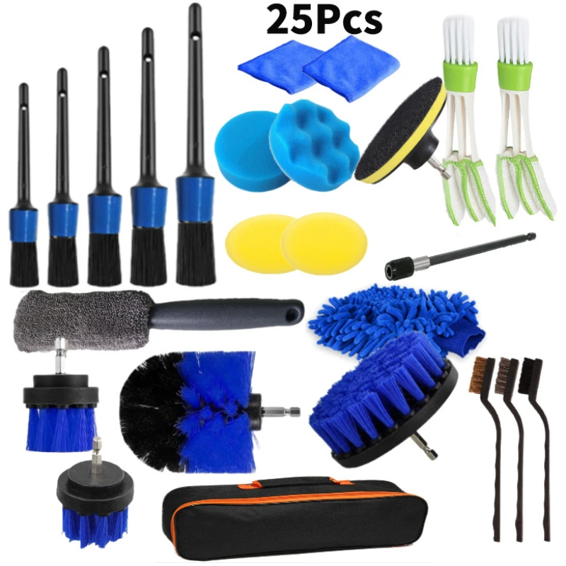 25PCS Car Cleaning Tools Accessories Wheel Hub Drill Brush Interior Dust Detail Brush Microfiber Car Wash Glove Towel