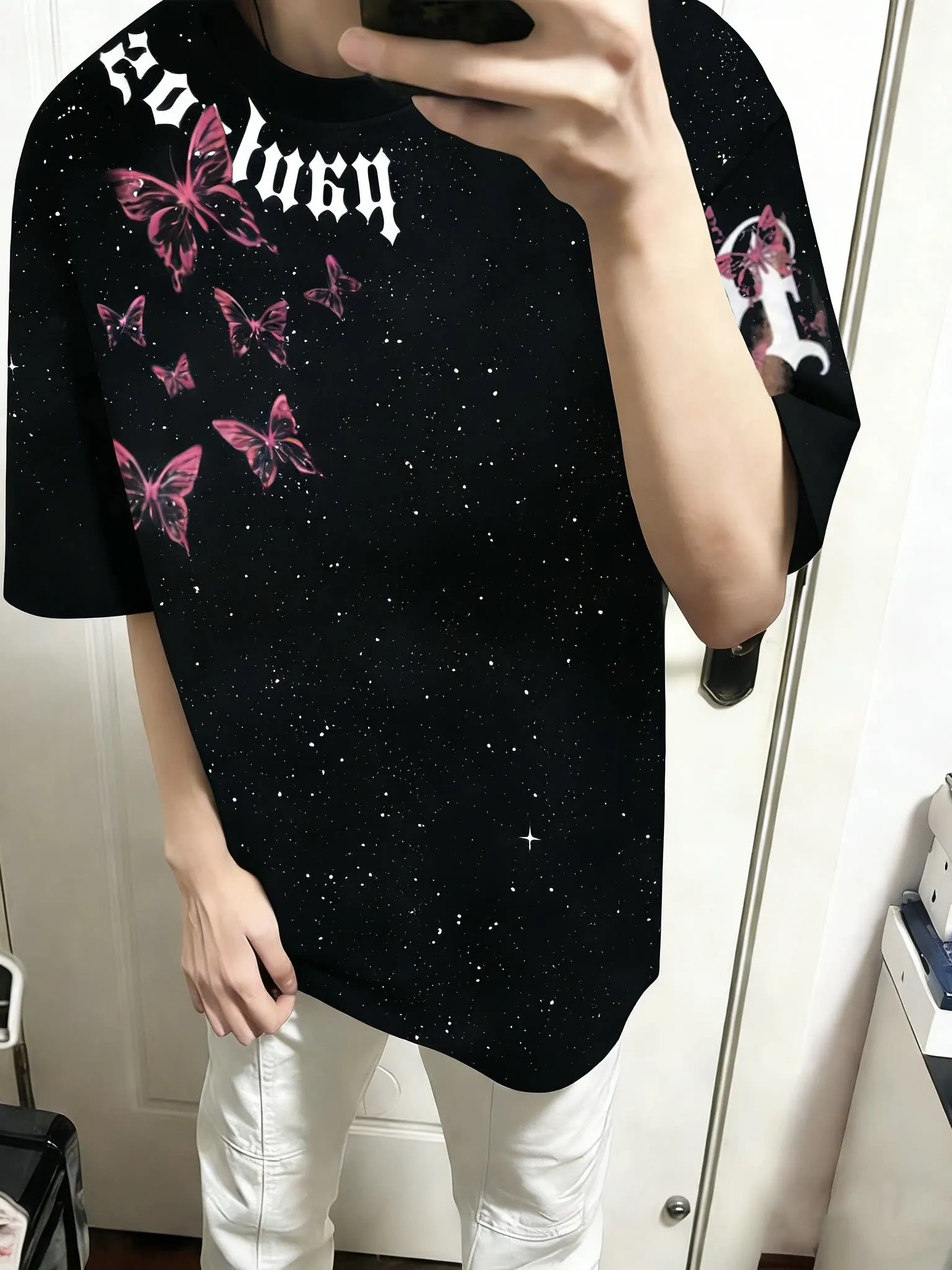 2026 Summer New American High Street Style Men Butterfly Starry Sky Print Casual Cotton Round Neck Short Sleeve T-Shirt