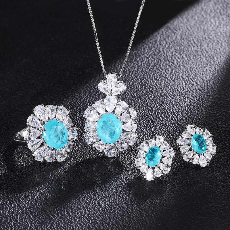 

Round Paraiba Crystal Sunflower Zircon Luxurious Retro Fashion Send Girlfriend Jewelry Earring Set of Rings Women Buddha Flower