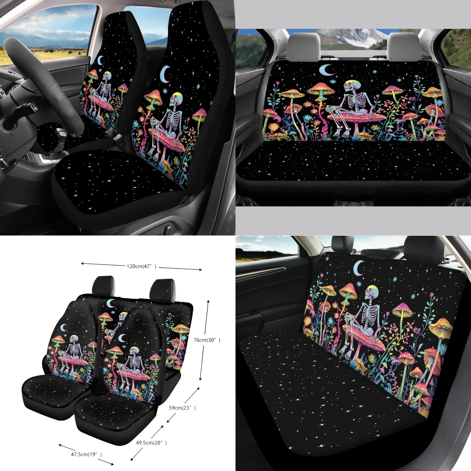 Coloranimal Skull Mushroom 15 PCS with All-in-One Steering Wheel Cover and Car Seatbelt Cover for Truck