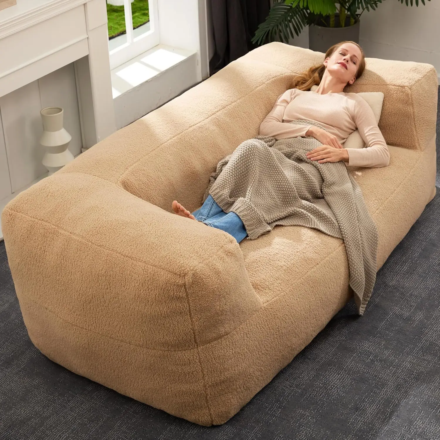 Bean Bag Chair Sofa,Oversized Bean Bag Couch,Memory Foam Filled Floor Loveseat with Soft Sherpa Teddy Cover and Wide Armrests fo