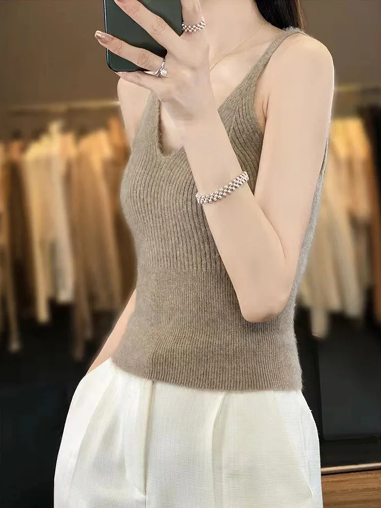 2024 Women V-neck 100% Wool Short Tank Ribbed Camisole Slim Fit Soft Spring Inner Match Y2k Knitted Sleeveless Sweater Crop Tops