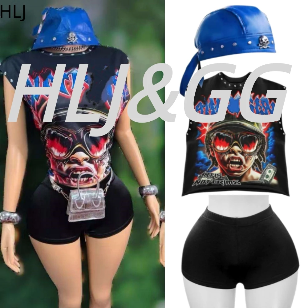 HLJ Fashion Trend Punk Letter Pattern Print Rivet Tshirt Two Piece Sets Women Sleeveless Top And Shorts Outfits Streetwear BR