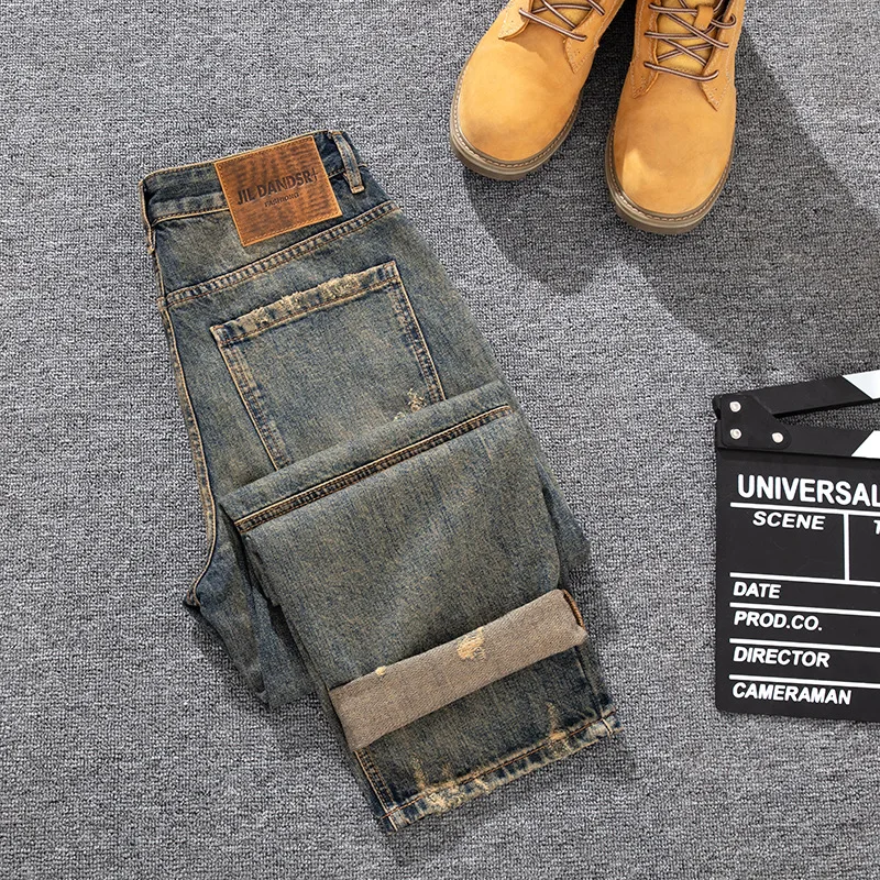 

Модные брендовые свободные прямые джинсы для мужчин, ретро ностальгический лоскутный дизайн на молнии с карманами, желтые грязевые джинсовые брюки