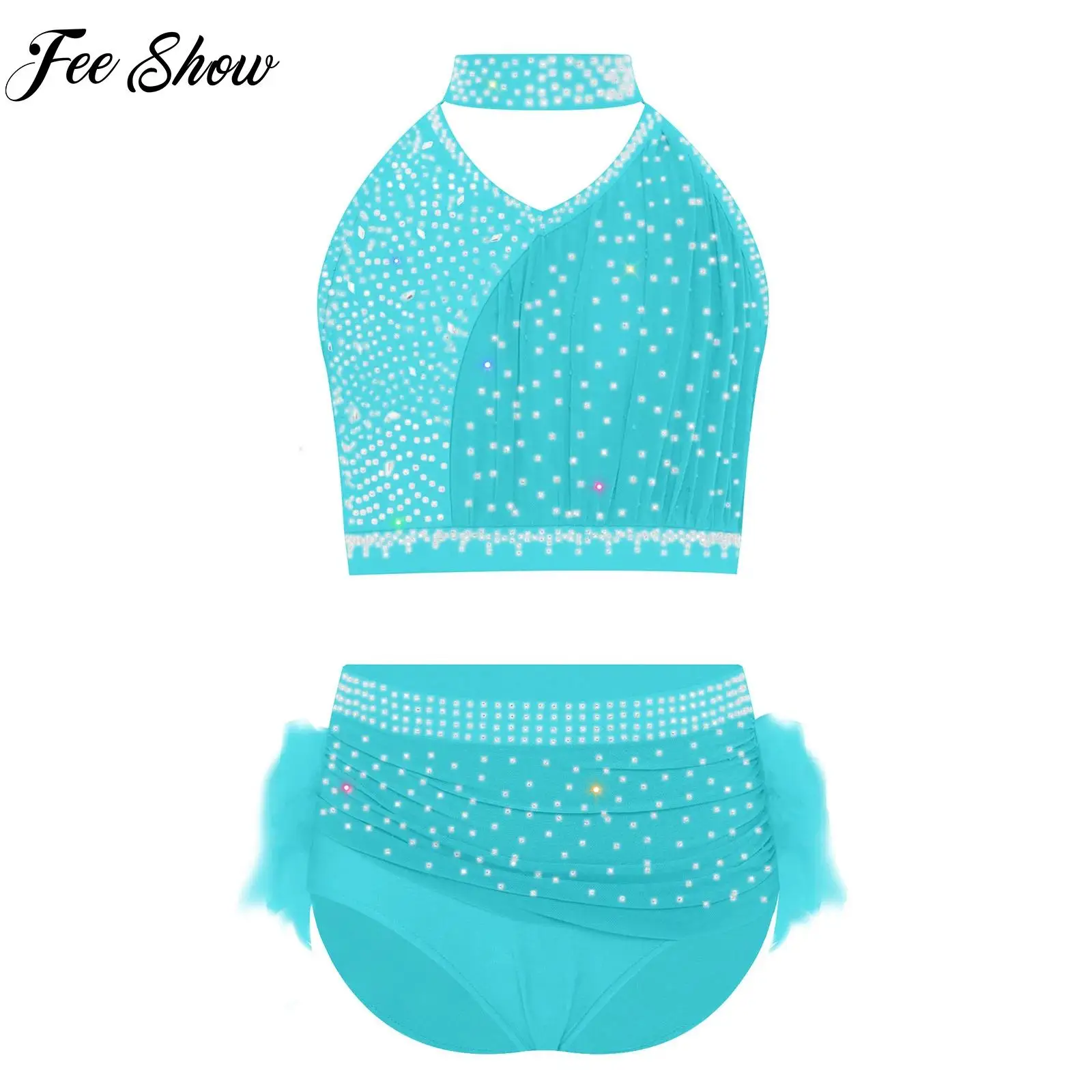 

Girls 2Pcs Modern Lyrical Dance Outfit Ballet Gymnastics Costume Rhinestones Tops+Skirt Set for Salsa Latin Dance Figure Skating