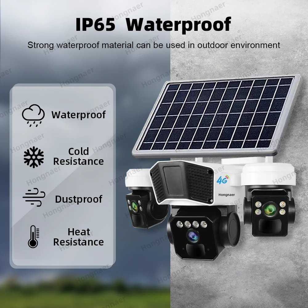 كاميرا Hongnaer 12MP ثلاثية العدسات 4G لاسلكية تعمل بالطاقة الشمسية PTZ IP O-KAM Pro للأمن الخارجي CCTV 4G بطاقة Sim كاميرا تعمل بالطاقة الشمسية