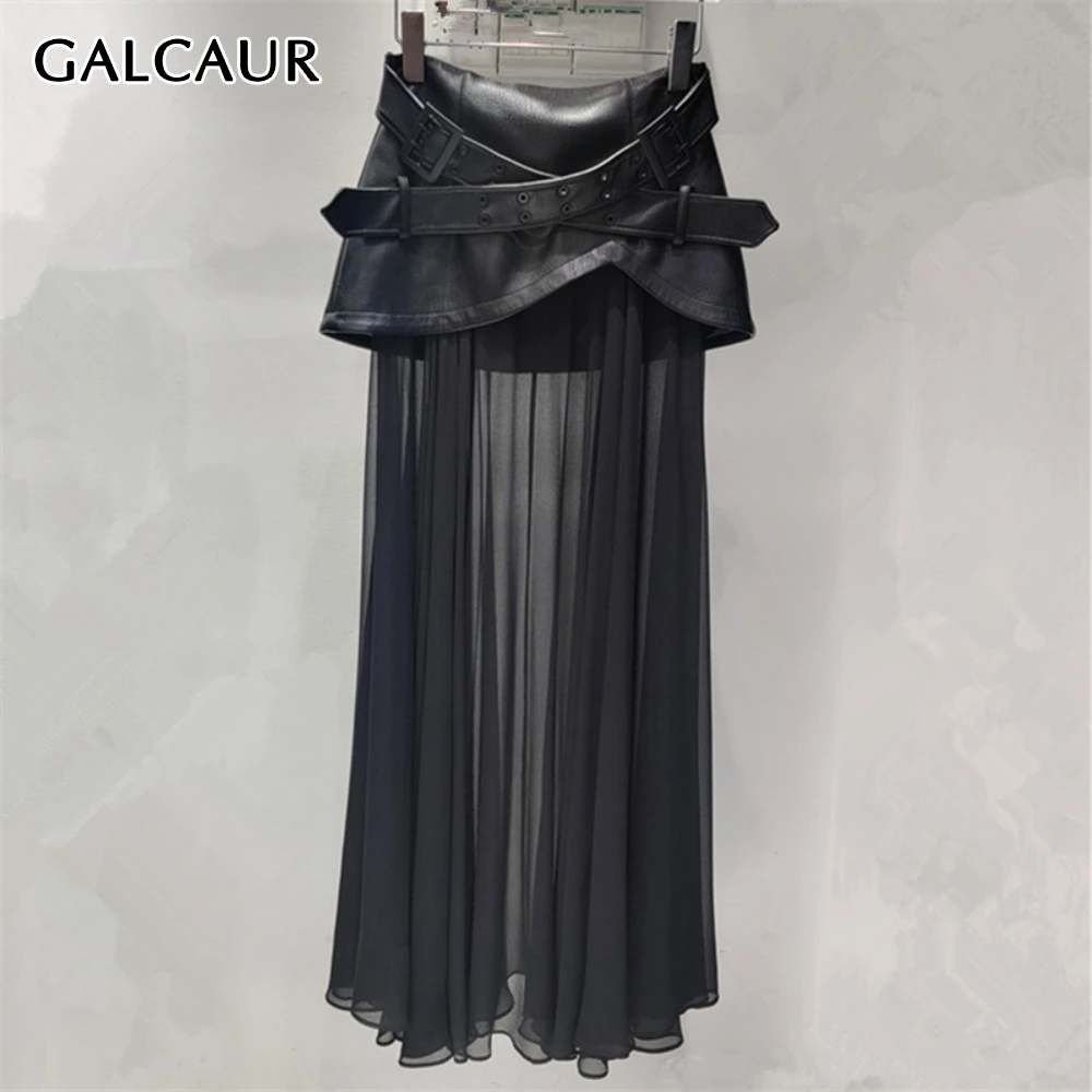 

GALCAUR черная сетчатая кожаная женская длинная юбка, дизайнерская свободная повседневная лоскутная универсальная юбка с поясом, женские юбки, новинка лета