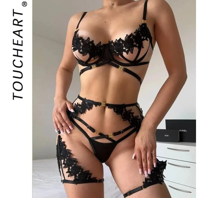 

Toucheart Black Sexy See-through Mesh Interesting Hollow Out Underwear Skinny High Waisted Patchwork Steel Ring Underwear Set