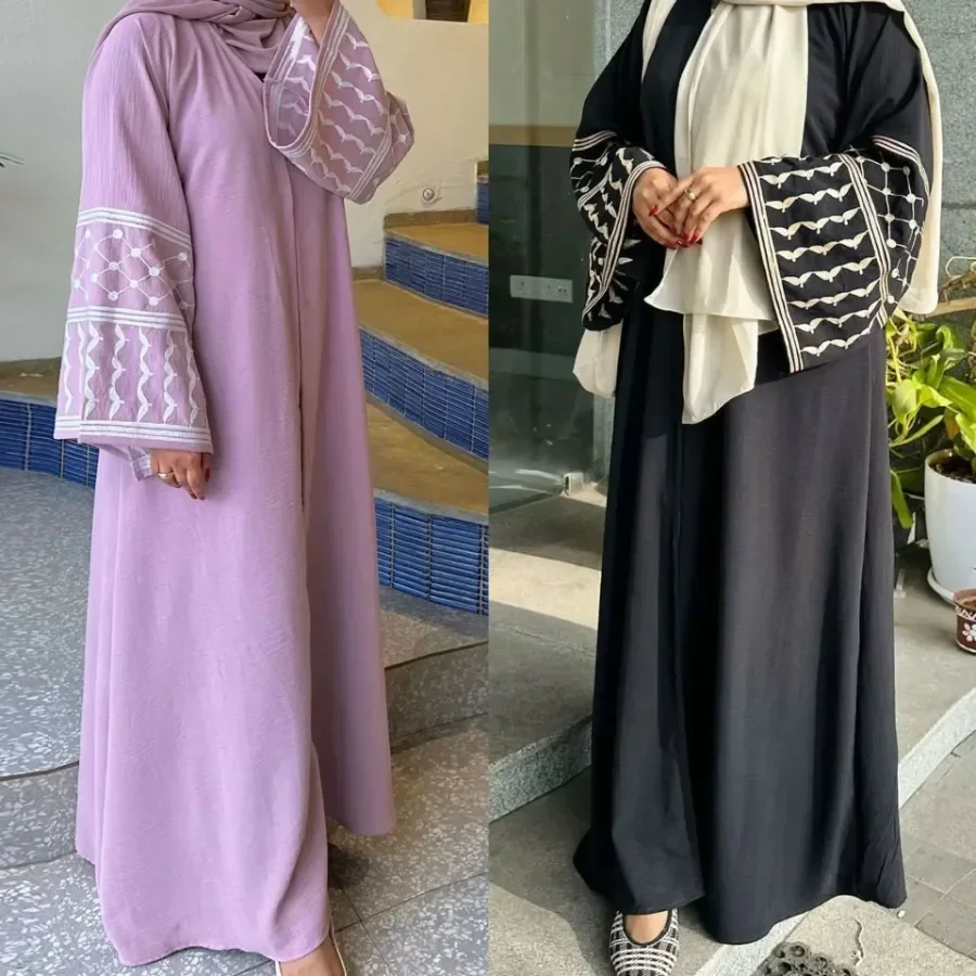 Abaya Dubai pakaian untuk wanita Muslim musim panas musim gugur Muslim lengan panjang kerah V bordir terbuka Abaya Kaftan gaun Kimono mantel