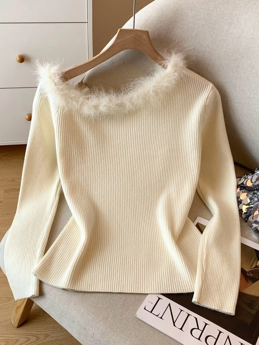 Herbst Winter Damen Gestrickte Lange Sve Oulder Bared Faion High End Kleine Luxus Tonfarbe Blo Strickwaren Pendeln Sle