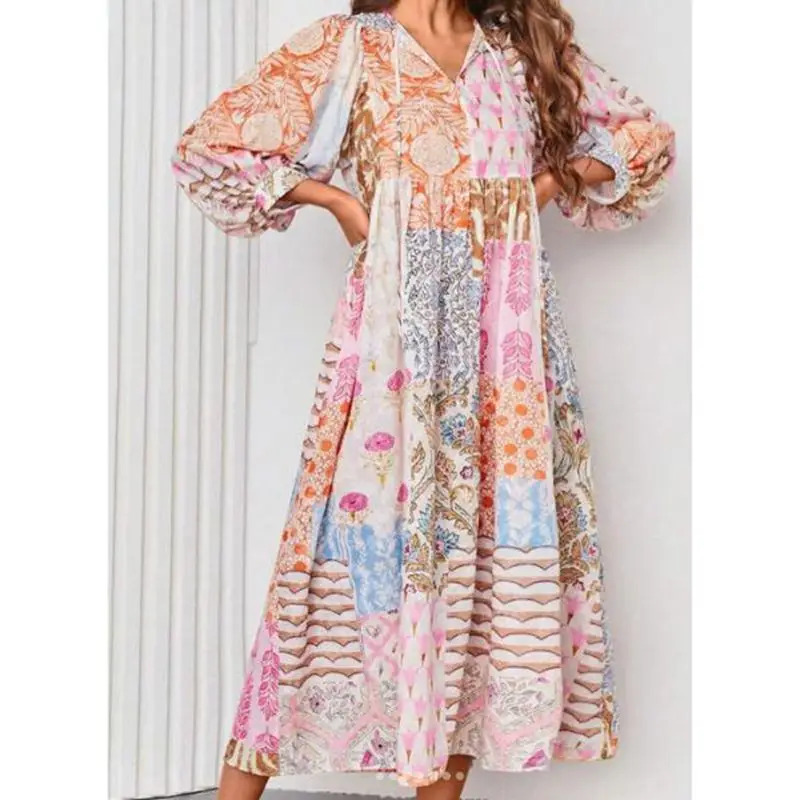 Combhasaki Donna Estate Boho Beachwear Manica a lanterna Scollo a V con cinghie Stampa floreale Abito lungo da vacanza a vita alta vestibilità ampia