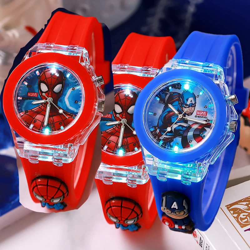 Reloj de dibujos animados de Marvel Comics, reloj luminoso de silicona de Spider-Man azul oscuro, reloj de cuarzo con figura de Capitán América de Marvel Comics