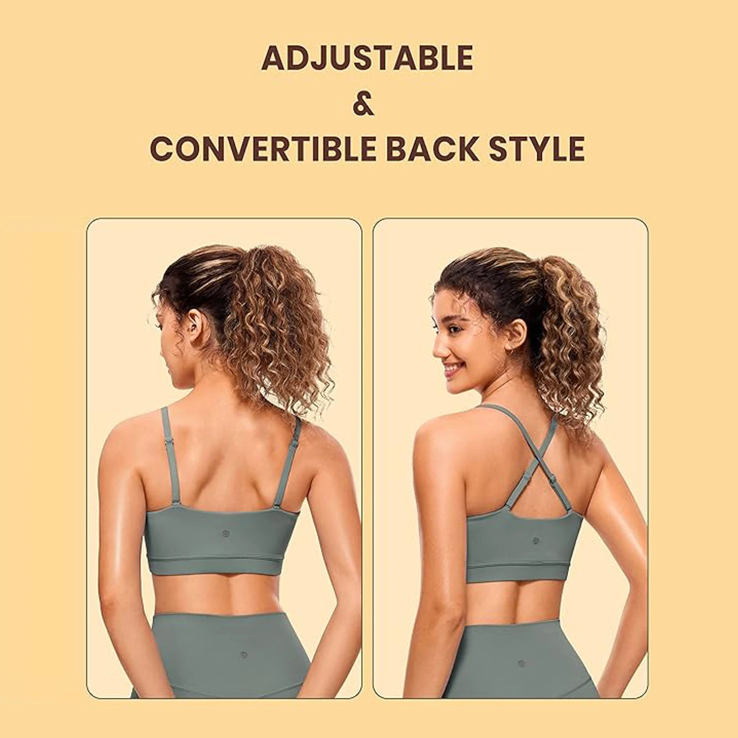 CRZ YOGA Butterluxe Womens Adjustable Spaghetti Thin Strap Sports Bra - Padded Wireless Square Neck Workout Yoga Bra