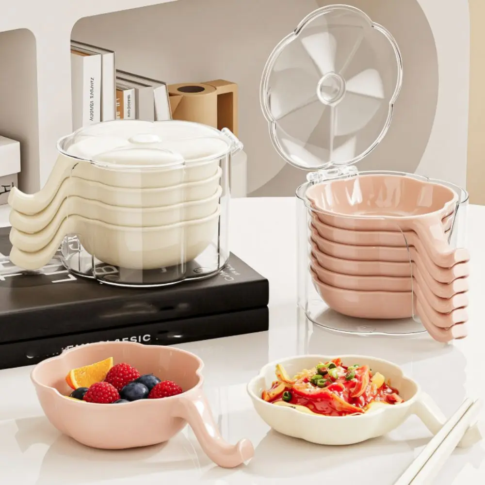 

6pcs Stackable Flower Shape Dipping Tray with Storage Box Extended Handle Appetizer Tray Plastic Sauce Serving Bowl Restaurant