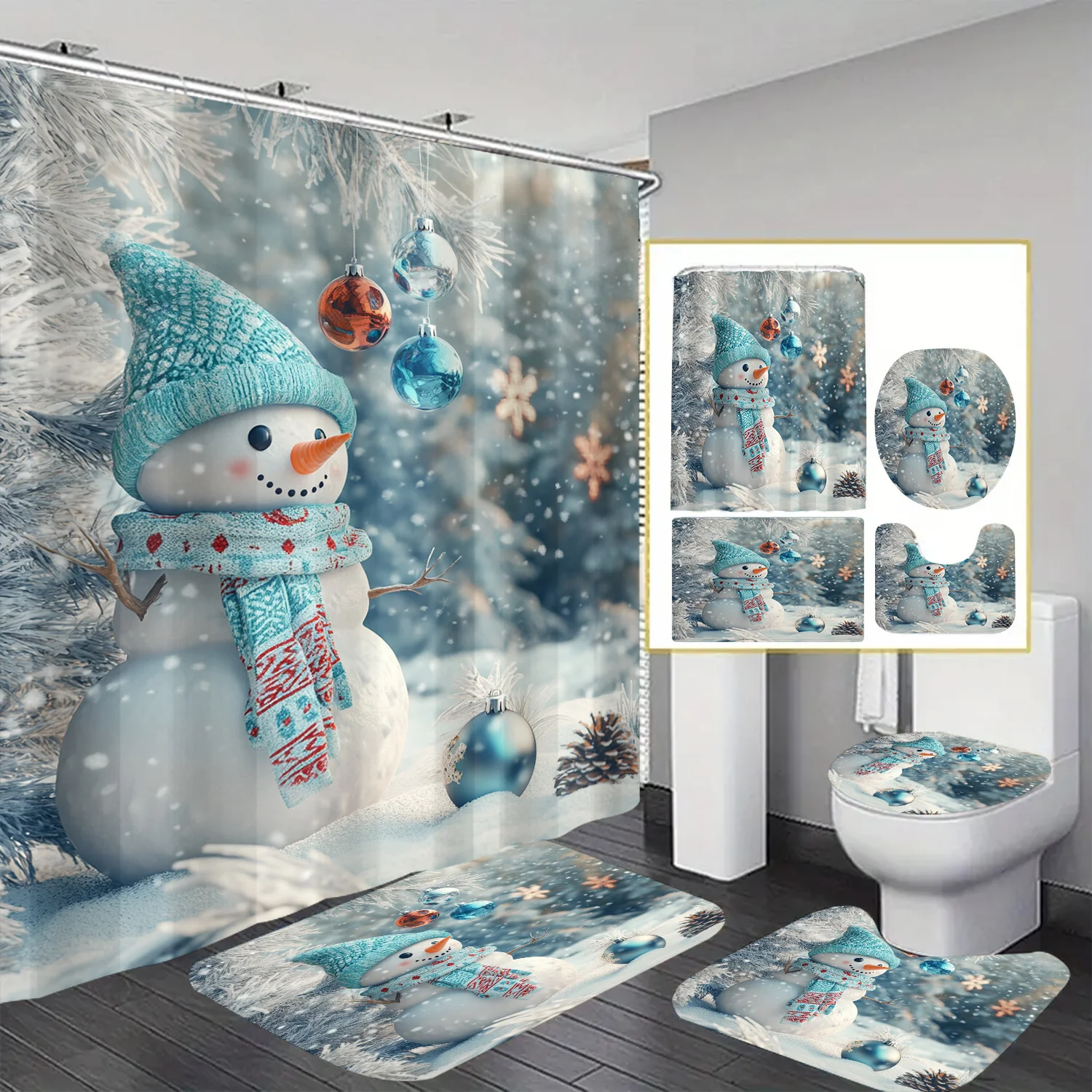 

Snowman Theme Shower Curtain 12 Hooks Suitable for Room Home Hotel Machine Washable Window Curtains Bathroom 4pcs