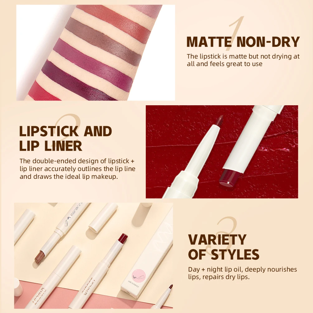 8 Color 2 IN 1 Lip Liner Pencil Waterproof Matte Lipstick Makeup Set Long Lasting Moisture Cosmetic Velvet Sexy Red Lipstick Pen