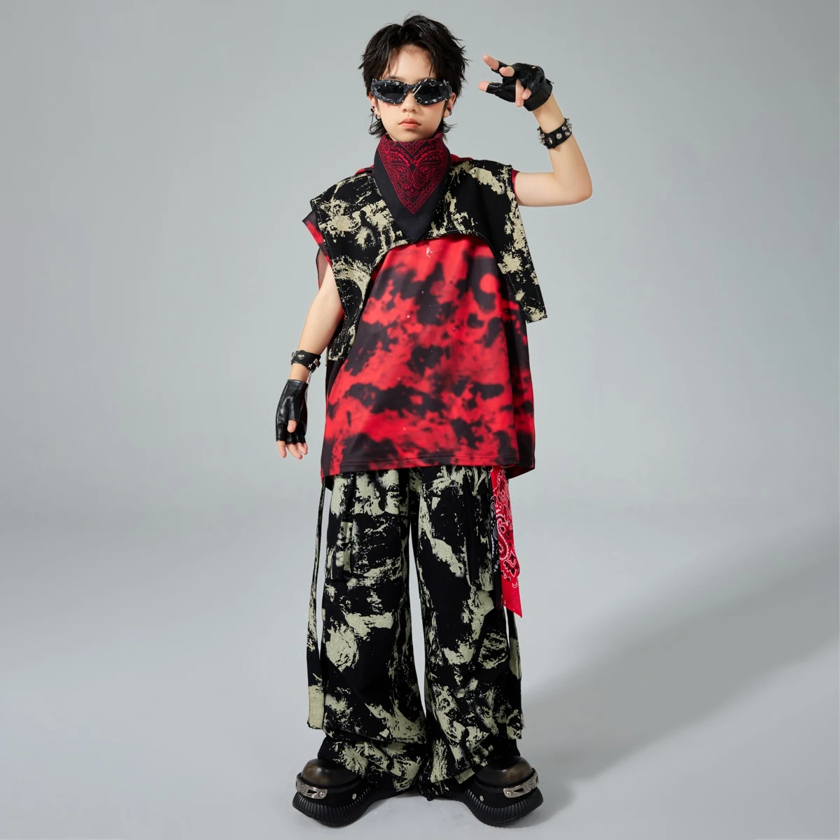Hip Hop Danskostuums Kinderen Show Jazz Outfit Rode Hoodie Camouflage Broek Kid Mode Kleding Street Dance Wear AMY2421