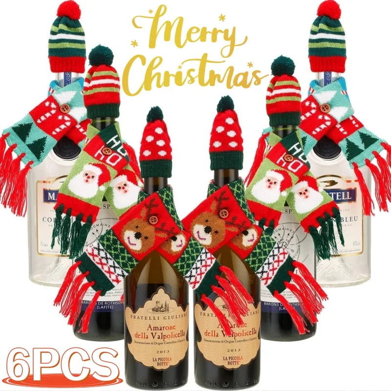 Christmas Wine Bottle Cover Knit Sweater Wine Bottle Decor Cute Santa Claus Elk Scarf Hat Decor Christmas Party Table Decoration