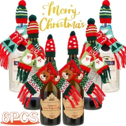 Christmas Wine Bottle Cover Knit Sweater Wine Bottle Decor Cute Santa Claus Elk Scarf Hat Decor Christmas Party Table Decoration