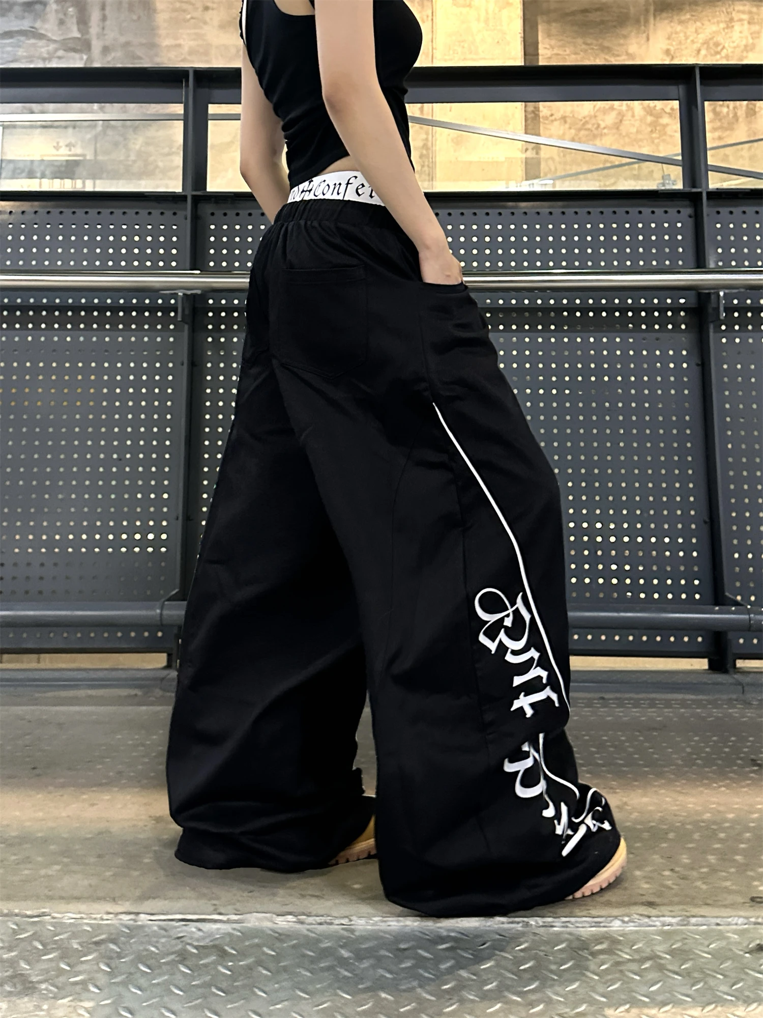 Women's Gothic Printed Baggy Pants Streetwear Y2K Fashion Black Wide Leg Trousers Loose Casual Hip Hop Dance Pants