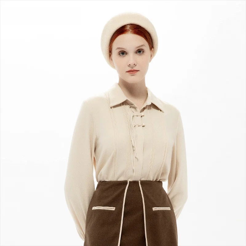 

New Autumn Winter irt Design Sense Button Chinese Sle Versatile Top Polyester Korean Sle Collar Long Sve Straig...