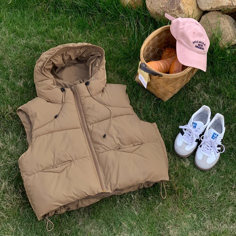 

Spring Autumn Vest Puffer Jacket Women Outerweat Down Cotton Padded Short Coat Female Korean Fashion Hooded Sleeveless Parkas