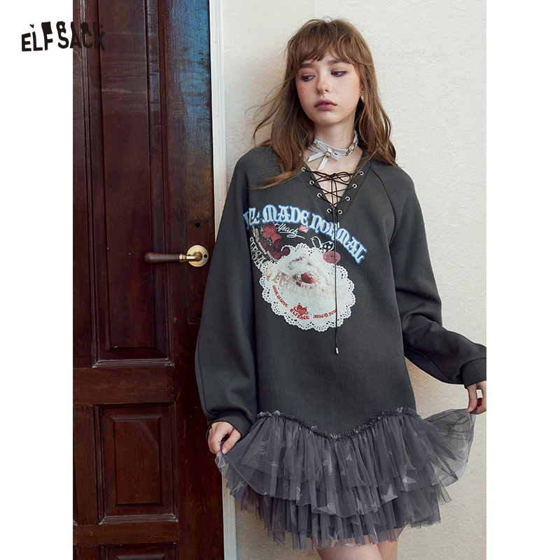 ELFSACK Women's Gray Sweatshirt Dress with Strawberry Graphic Print, Lace Up V Neck Tulle Ruffle Mini Dress, Casual Sweet Daily