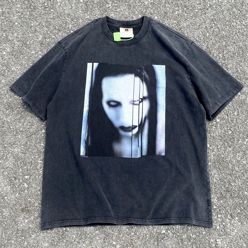 Retro Casual Street Marilyn Manson Short Sleeved T-shirts Men's Women's Washed High Quality Loose Tee