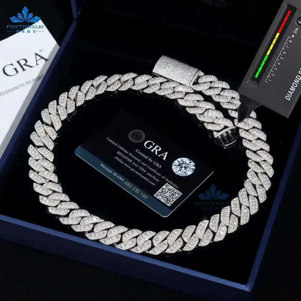

Pass Tester 18mm Width 3 Rows Miami Cuban Necklace 7-24 Inches d Vvs Melee Round Moissanite Diamond 925s Hip Hop Link Chain
