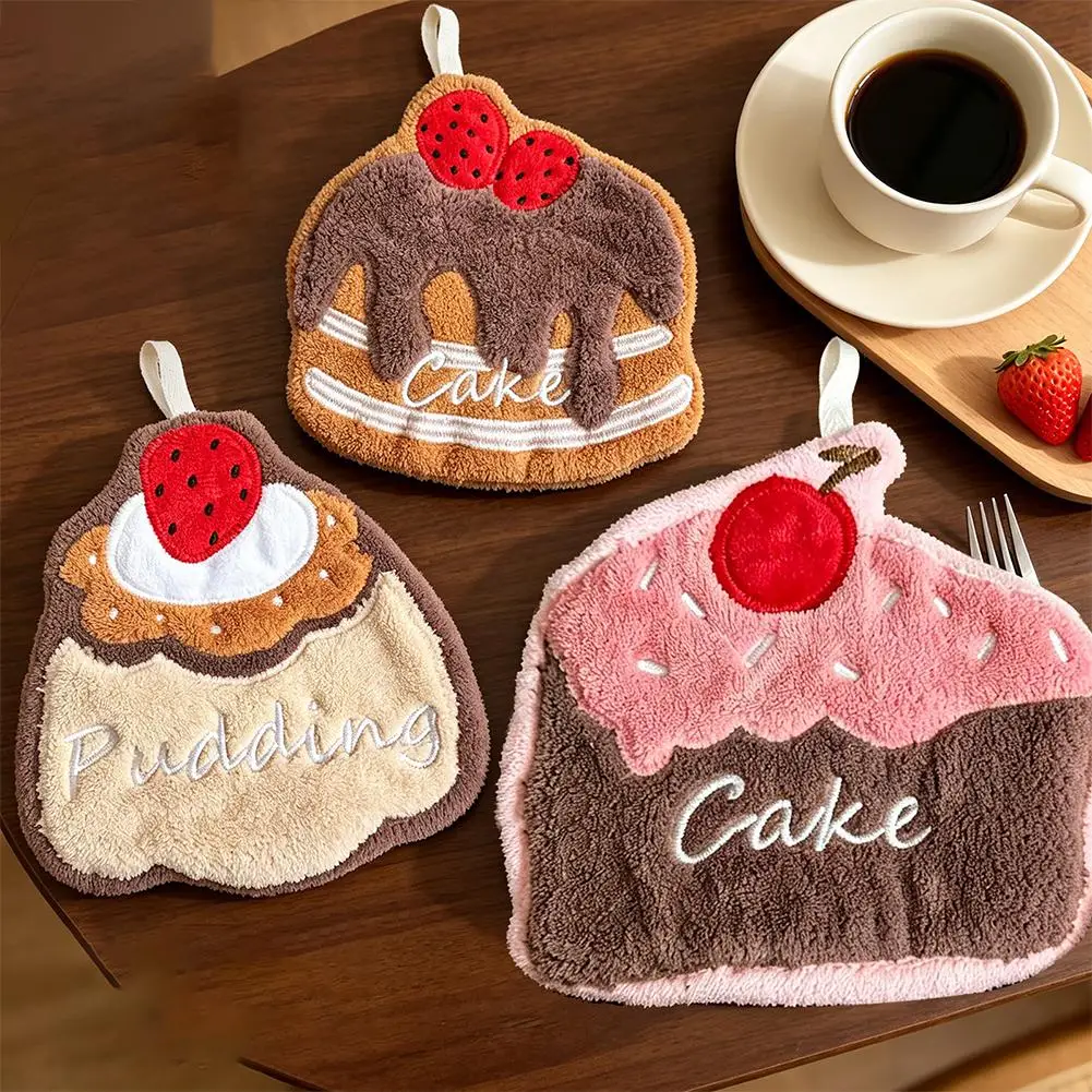 Cute Cake Shape Hand Towel Thick Absorbent Coral Fleece Hanging Wiping Cloth for Kitchen Bathroom Kids Home