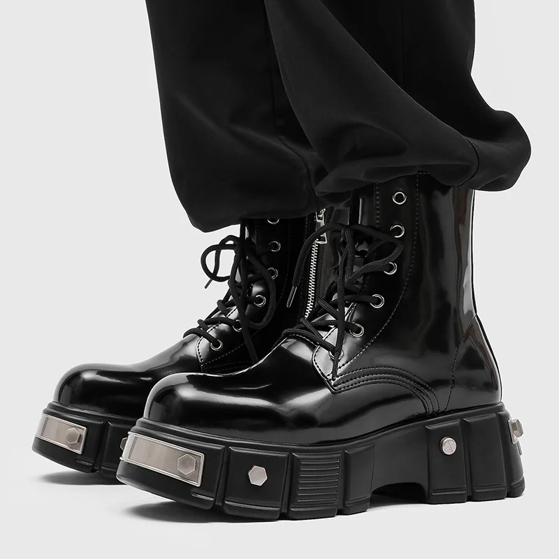 

men luxury fashion punk rock dress platform boots brand designer shoes cowboy patent leather boot handsome high motorcycle botas