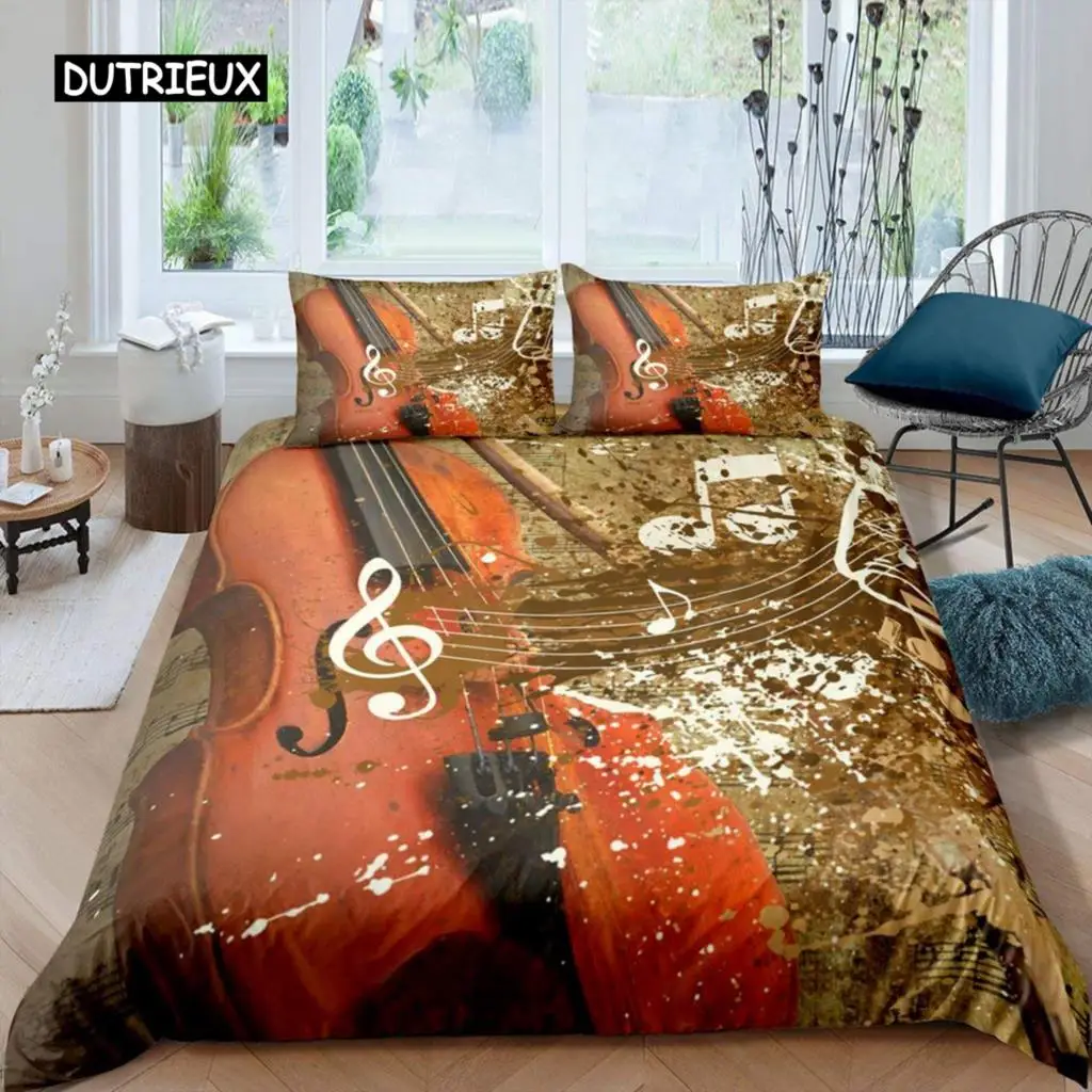 Violin Duvet Cover Classical Music Theme Bedding Set Tie Dye Guitar Comforter Cover For Teens Adults Microfiber King Quilt Cover