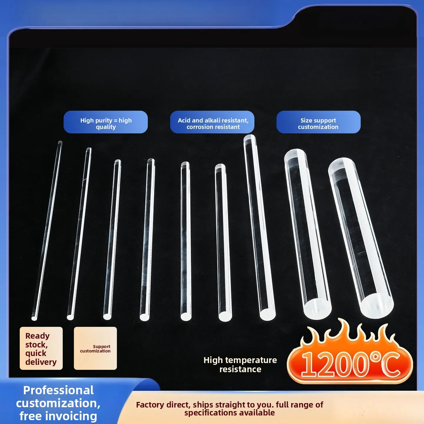 12mm to 30mm customized Silica Quart bar High Purity Silica Quartz Rod  For Smelting,Casting ,Scientific research