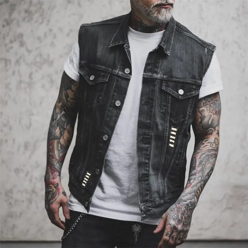 Men's Denim Vest Spring And Autumn New Urban Youth Print Design Leisure Large Size Vest