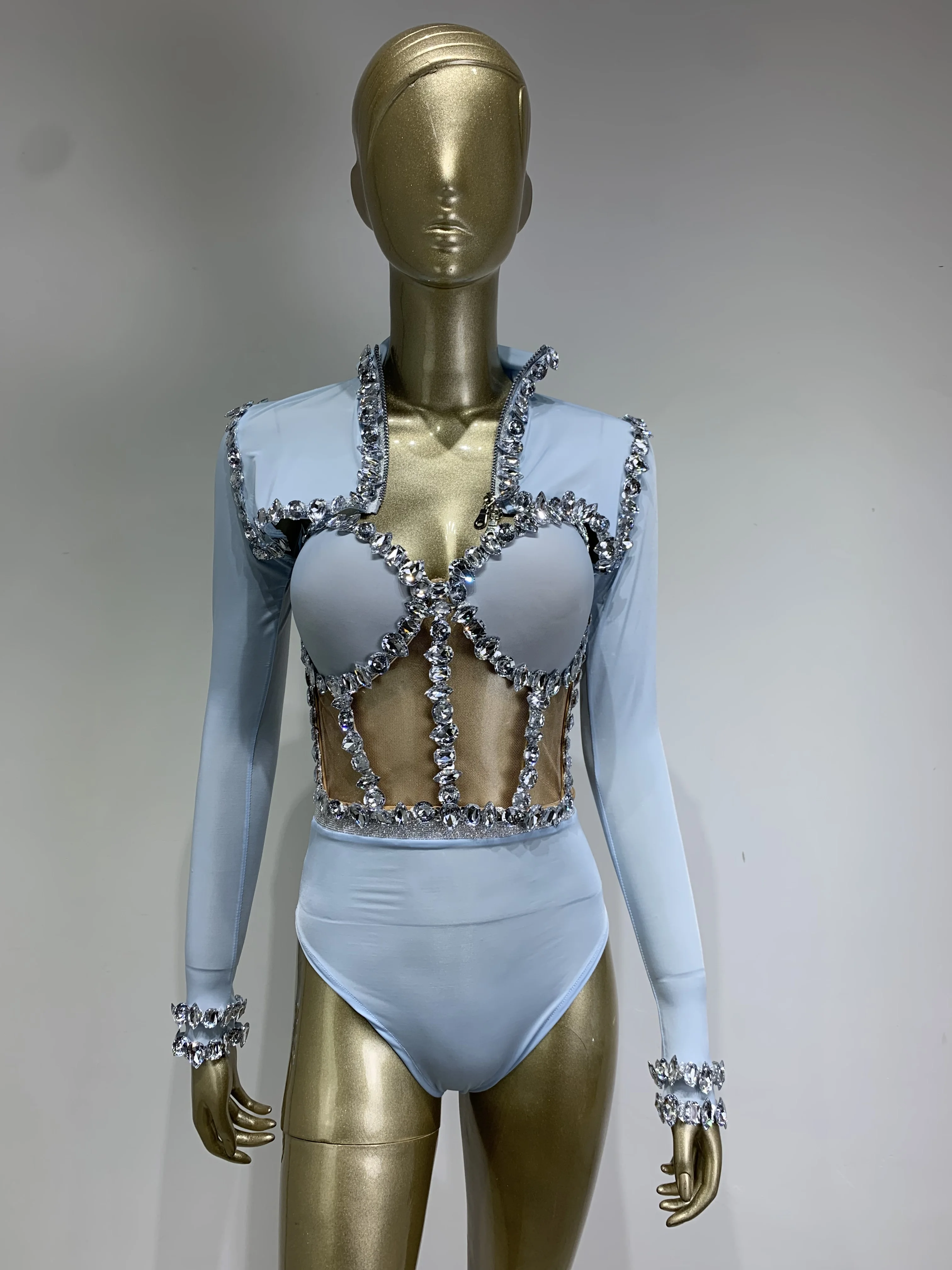 Conjunto de leotardo Sexy con diamantes brillantes para mujer, traje de baile para actuación, cantante, bailarina, ropa de escenario, traje de baile