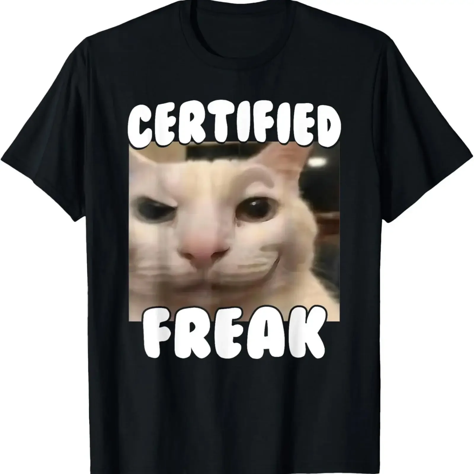 Certified Freak Funny Cursed Silly White Cat Staring Meme T Shirt Image 1 of 2 vintage Washed Stylish Stretched Slightly