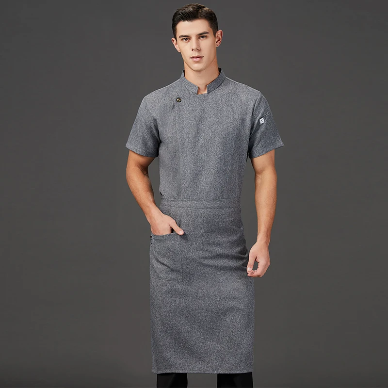 グレーのコットンとリネンのシェフ服キッチンジャケットケータリングユニフォームホテル寿司コックシャツレストラン作業服ベーカリースタッフトップス