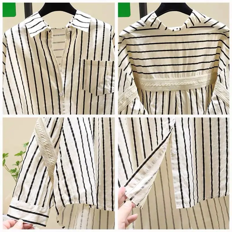 SuperAen تصميم كبير الحجم مخطط قميص المرأة 2025 الربيع والخريف جديد الكورية نمط أزياء من الدانتل المرقعة فضفاض قمصان غير رسمية