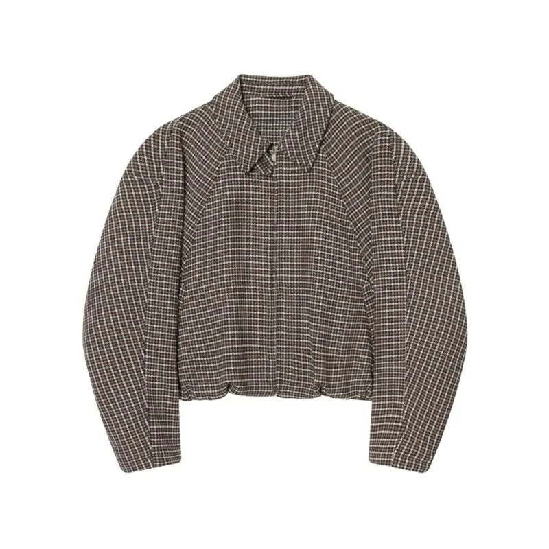 Houndstooth Plaid Cropped Bomber Jacket Lapel Collar Full Zip Raglan Long Sleeve Loose Women Casual Short Outerwear 260701