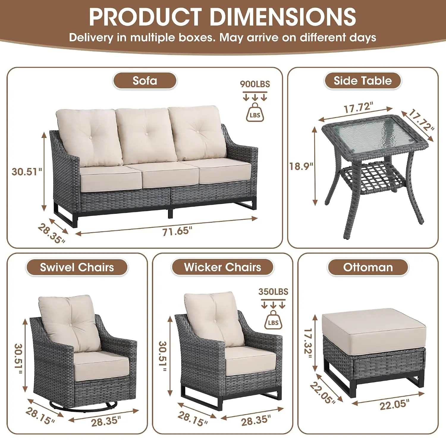5 Piece Patio Set with Swivel Rockers, Ottomans, Table, 6-Inch Cushions, Beige Covers for Patio, Porch, Customized