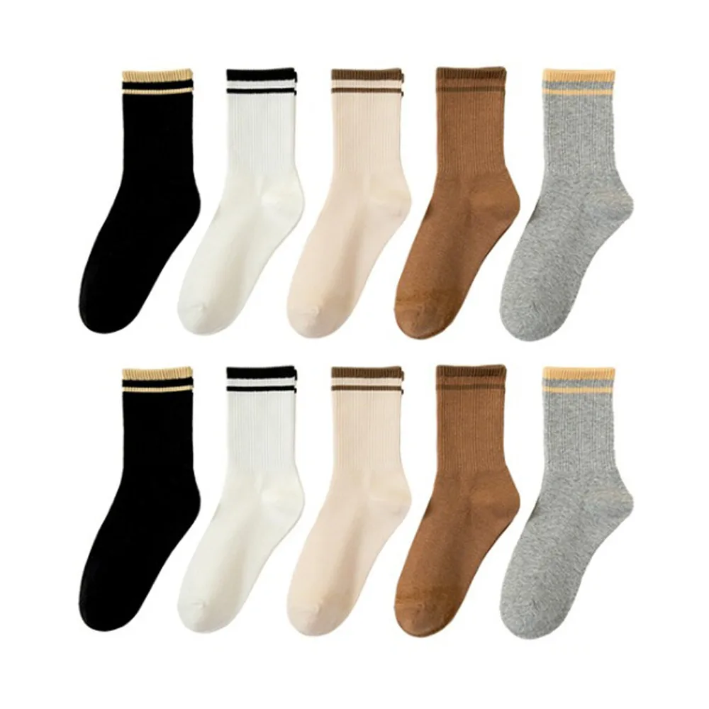 

10Pairs Ins Patchwork Stripe Socks Non-Slip Breathable Mid-calf Socks Simple Hosiery Women Tube Socks Girl