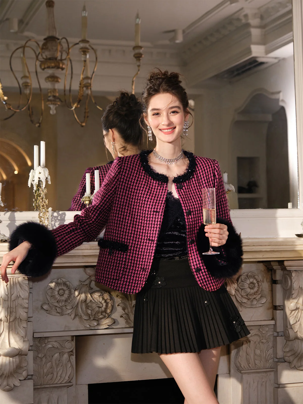 

Modern Retro Blaberry Coat round Ne down Jaet Wool Blend Fabric Ladies ort Outerwear Xiang Wind Sle Button Clo...