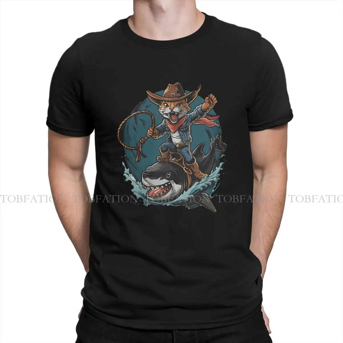 Cat Riding Shark Kitty Men TShirt Cat O Neck Tops 100% Cotton T Shirt Humor Top Quality Birthday Gifts