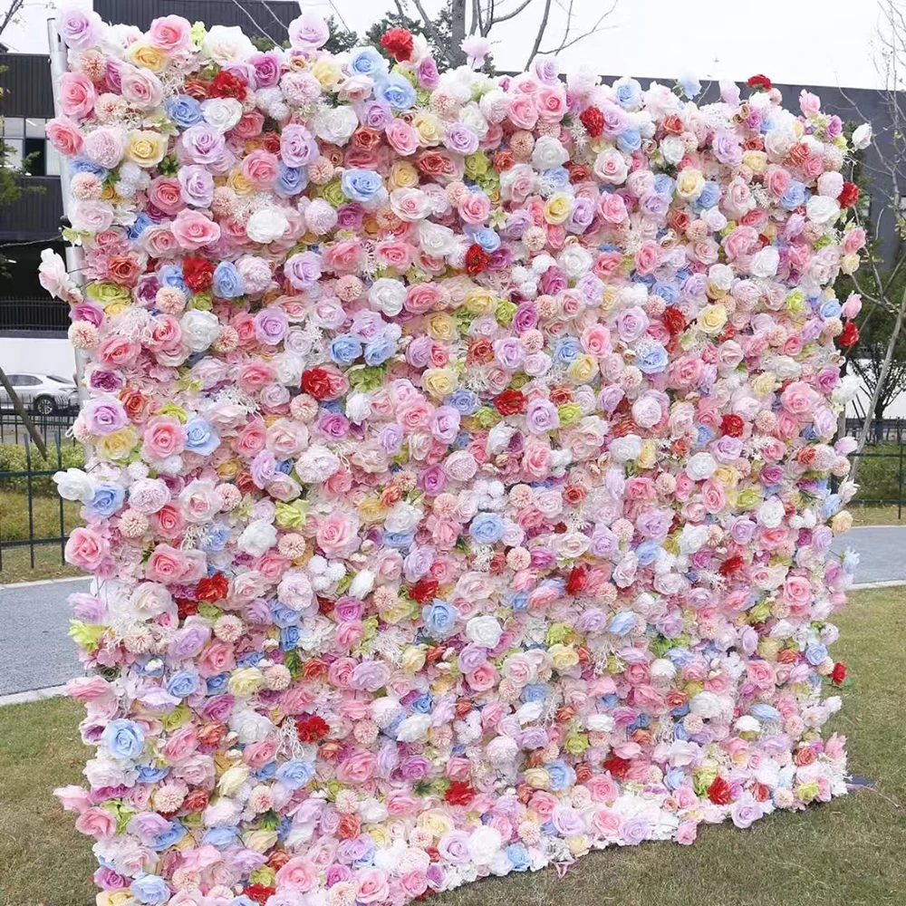 Hot Selling Custom 3D Artificial Flower Wall For Wedding Decoration Silking Back Roll Up Red Rose Flower Wall