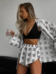 Txii Casual Print Damespyjama 2023 Sexy Losse Pyjama 'S Voor Dames Gewaden Met Lange Mouwen, Shorts Voor Dames, Nachtkleding Voor Dames