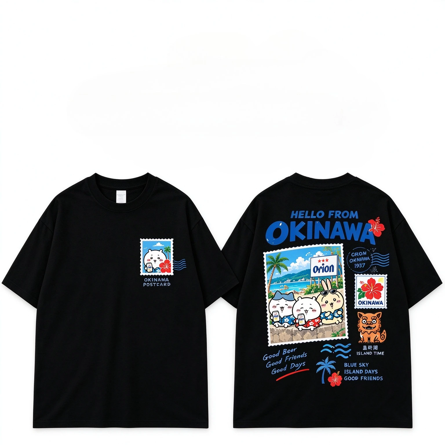 Chiikawa Cute Kawaii Okinawa Beer Tee Men's Women's White Retro Cool Graphic Art Print Oversized Short Sleeve Streetwear Top