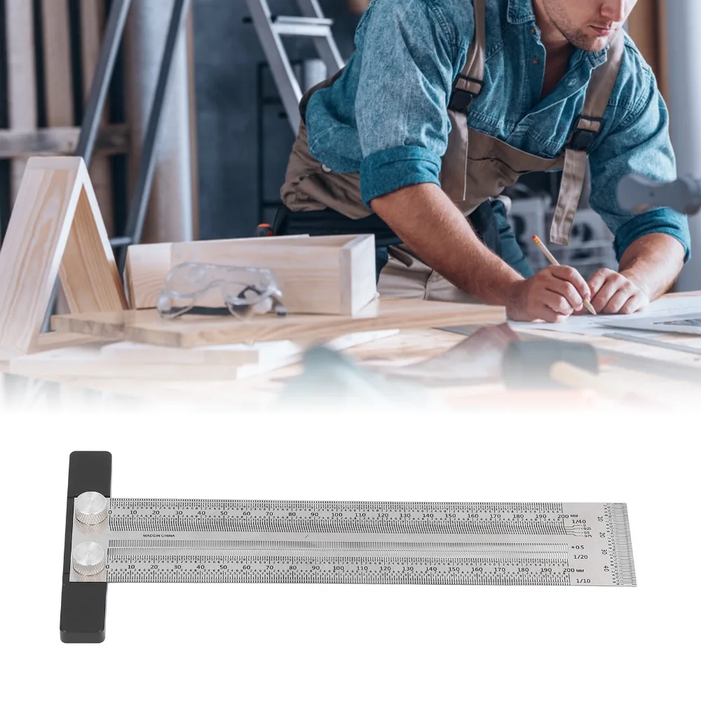 Silver Woodworking Marking Ruler Stainless Steel Measuring Length 200mm Carpenter T Ruler Measuring Gauge for DIY Projects