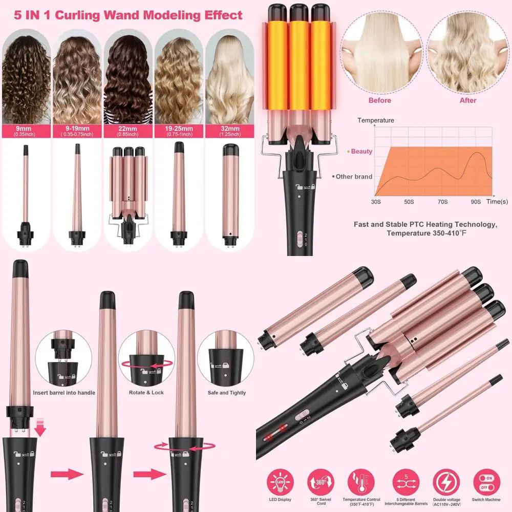 

Professional 5-in-1 Ceramic Tourmaline Interchangeable Curling Wand Set with 3 Barrel Curler and Waver for Women