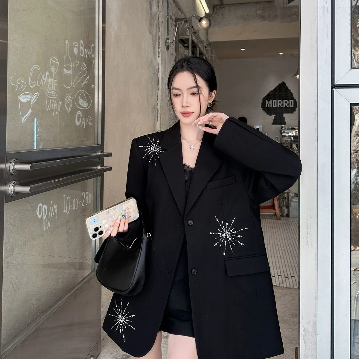 Women Black Blazer Rhinestone Loose Fit Elegant Office Lady Chic Jacket 2026 Spring Autumn Fashion Unique Design Coat